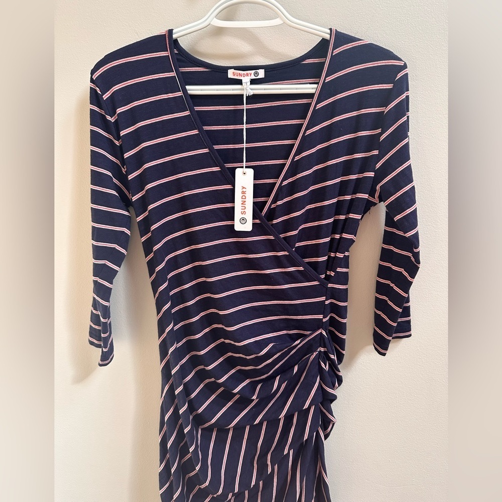 NEW Anthropologie Sundry Fabian Faux Wrap Striped Shirt Dress Women’s 1/S Navy - Picture 7 of 11